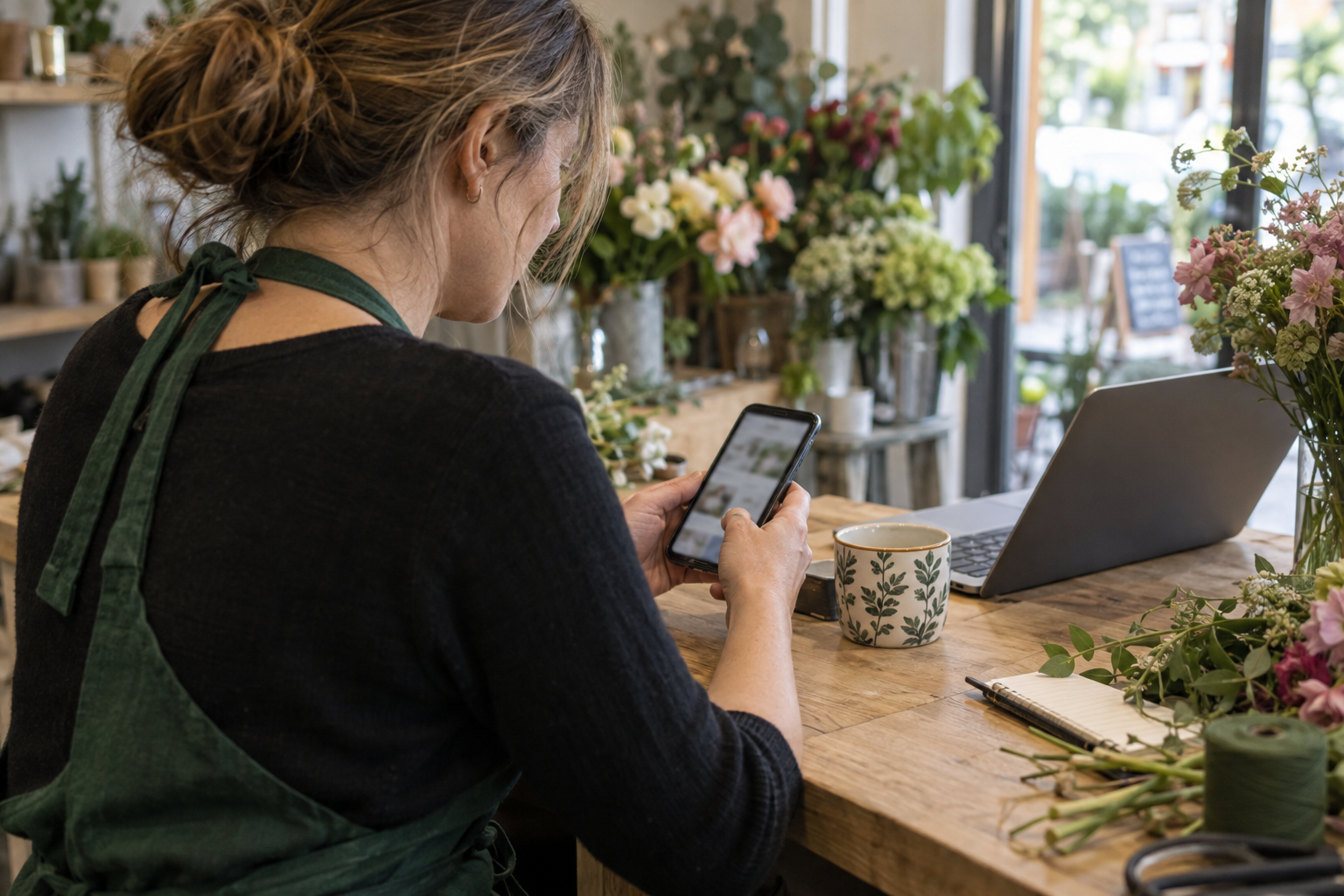 Butikkeier som bruker en mobiltelefon ved disken i en blomsterbutikk